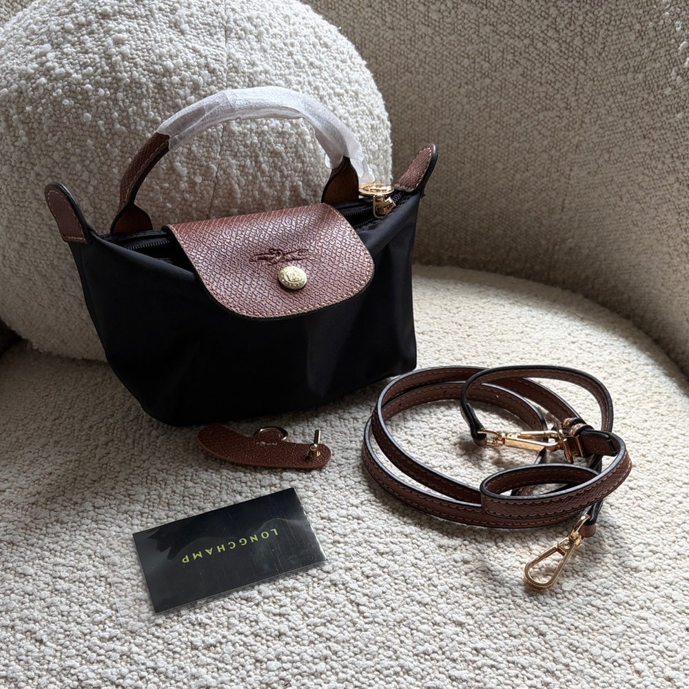 Longchamp Mini Le Pliage  in Black with Brown Trim